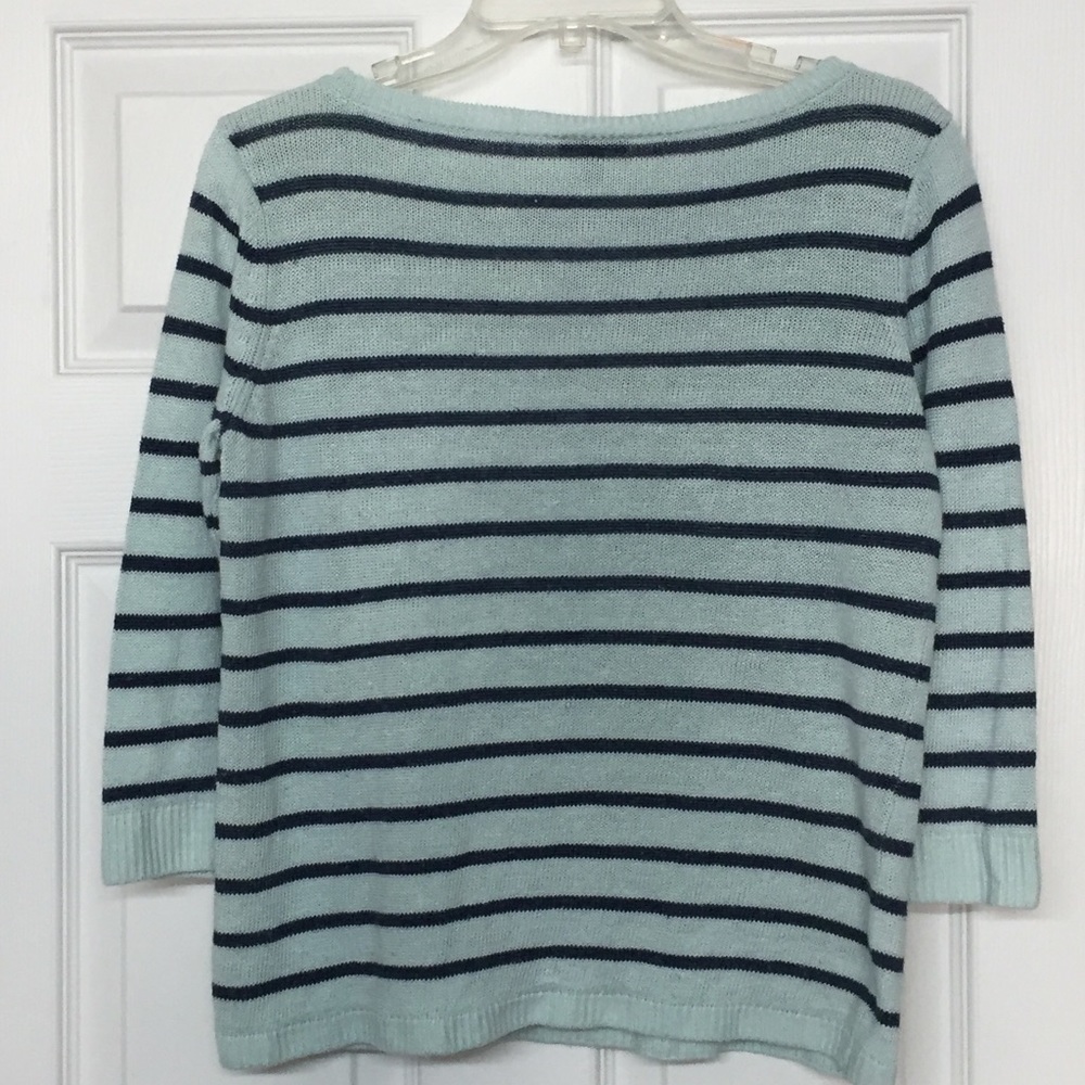 Talbots 100% Linen Mint and Navy Striped Lightweight Soft Sweater Coastal Sz MP - Picture 2 of 2